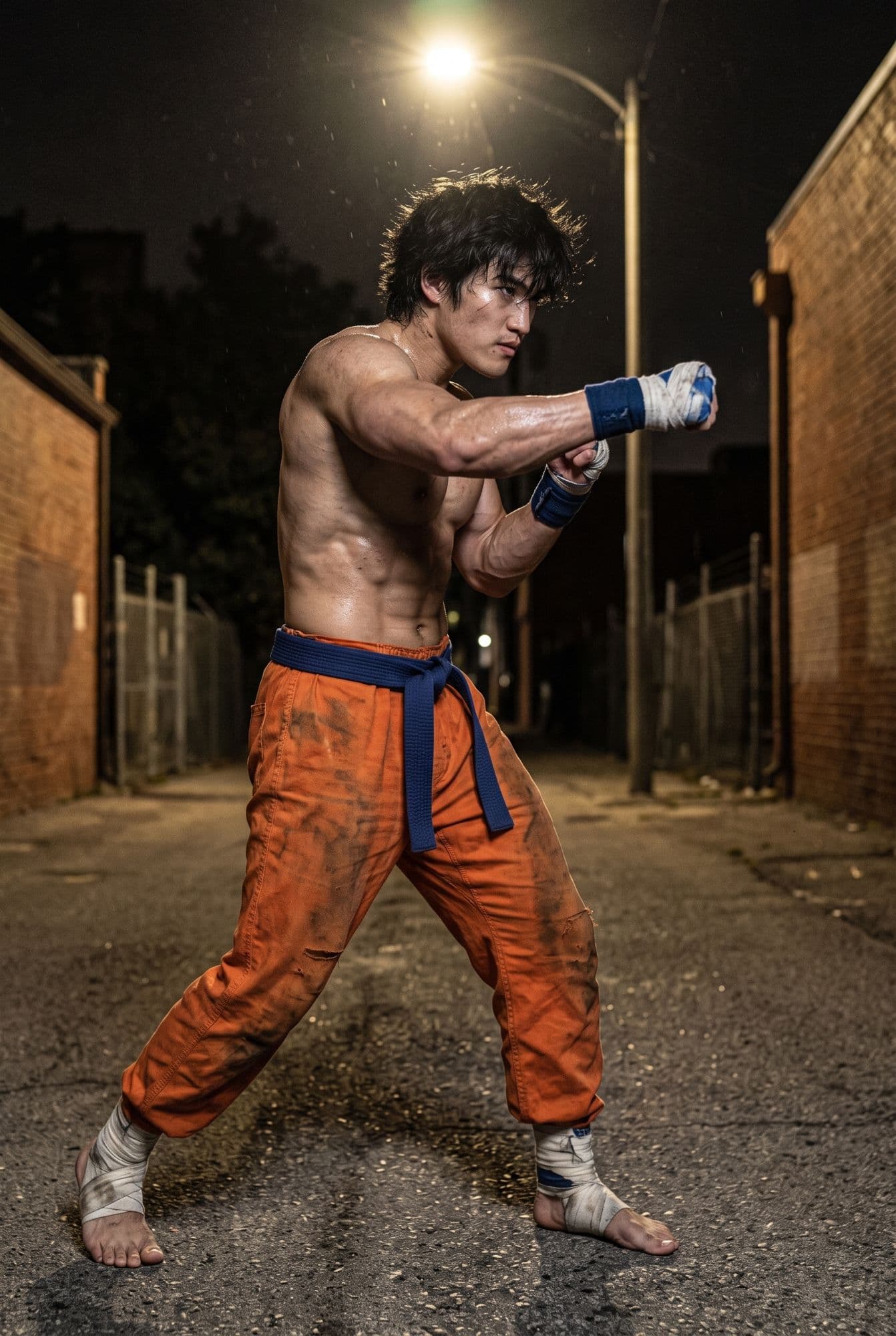 The character in guard, fist out, in an alley in the rain